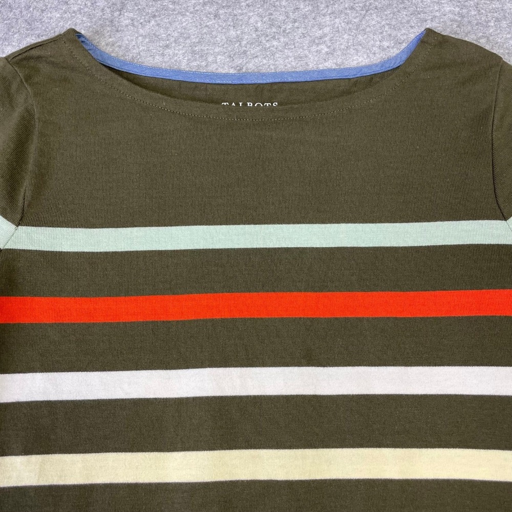 Talbots Authentic Womens XS Olive Green Multi Color Striped Cotton Boat Neck Tee
